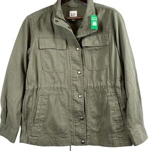 Gap Womens Medium Olive Green Canvas Utility Jacket Zip Military Field Safari